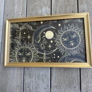 90s Style Celestial Sun Moon Star Print Framed Wall Art Whimsygoth Black Gold